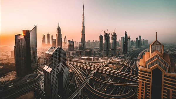 Sunrise shot of Downtown Dubai and Burj Khalifa.