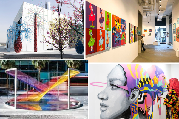 Collage of Dubai art events 2025 with Art Dubai, Alserkal, Bluewaters, and World Art Dubai